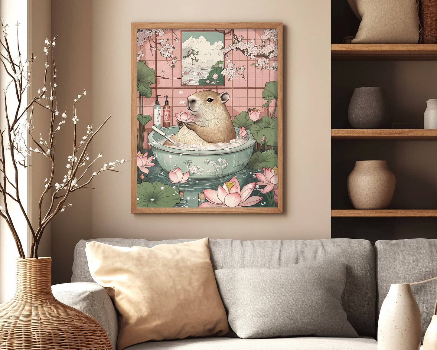 Japandi bathroom decor with relaxed capybara scene
