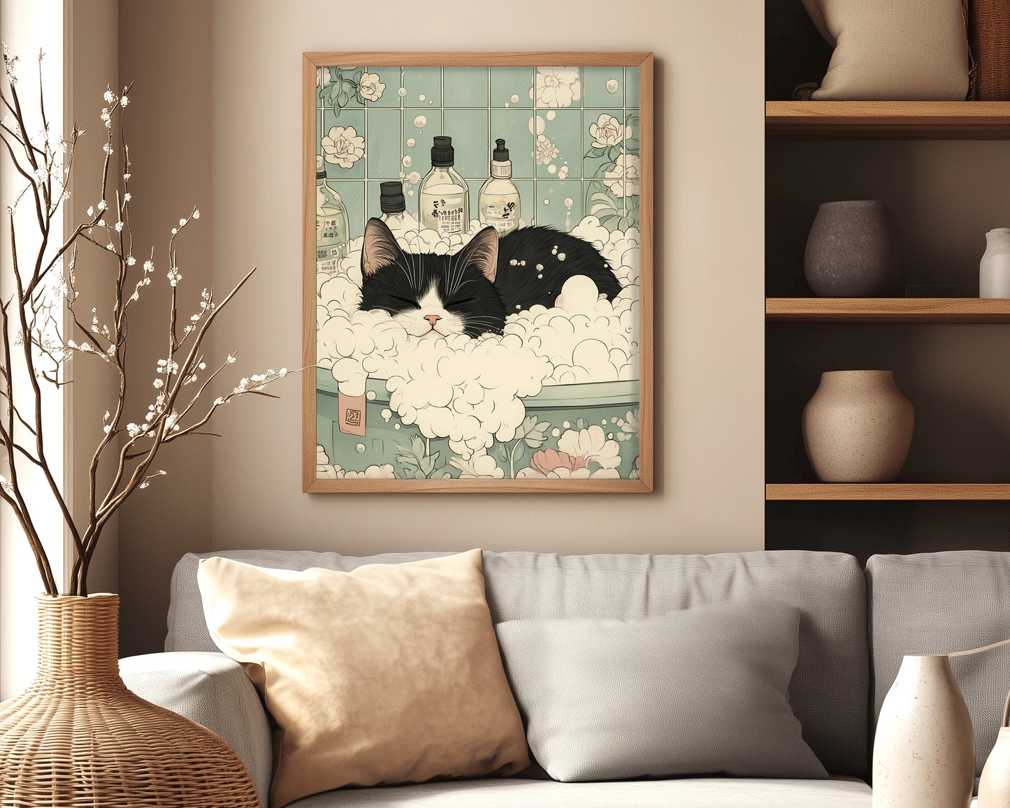 Minimalist cat decor with Japanese ukiyo-e feel