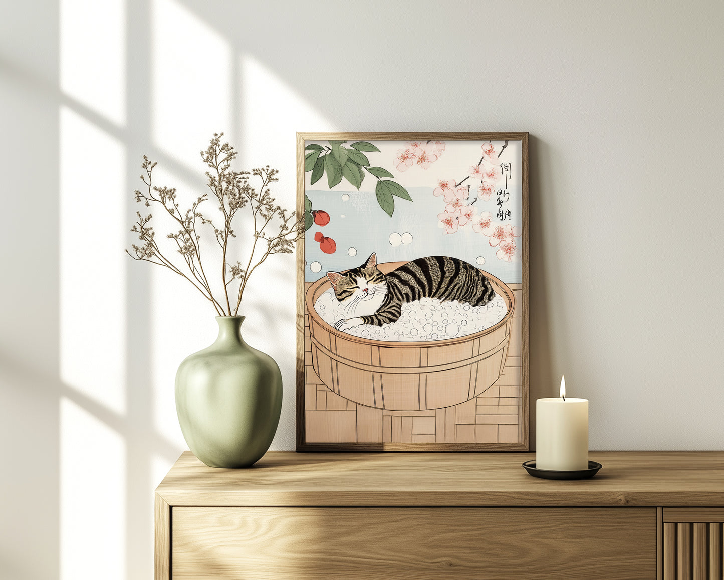 Neutral minimalist wall art of cat in bathtub