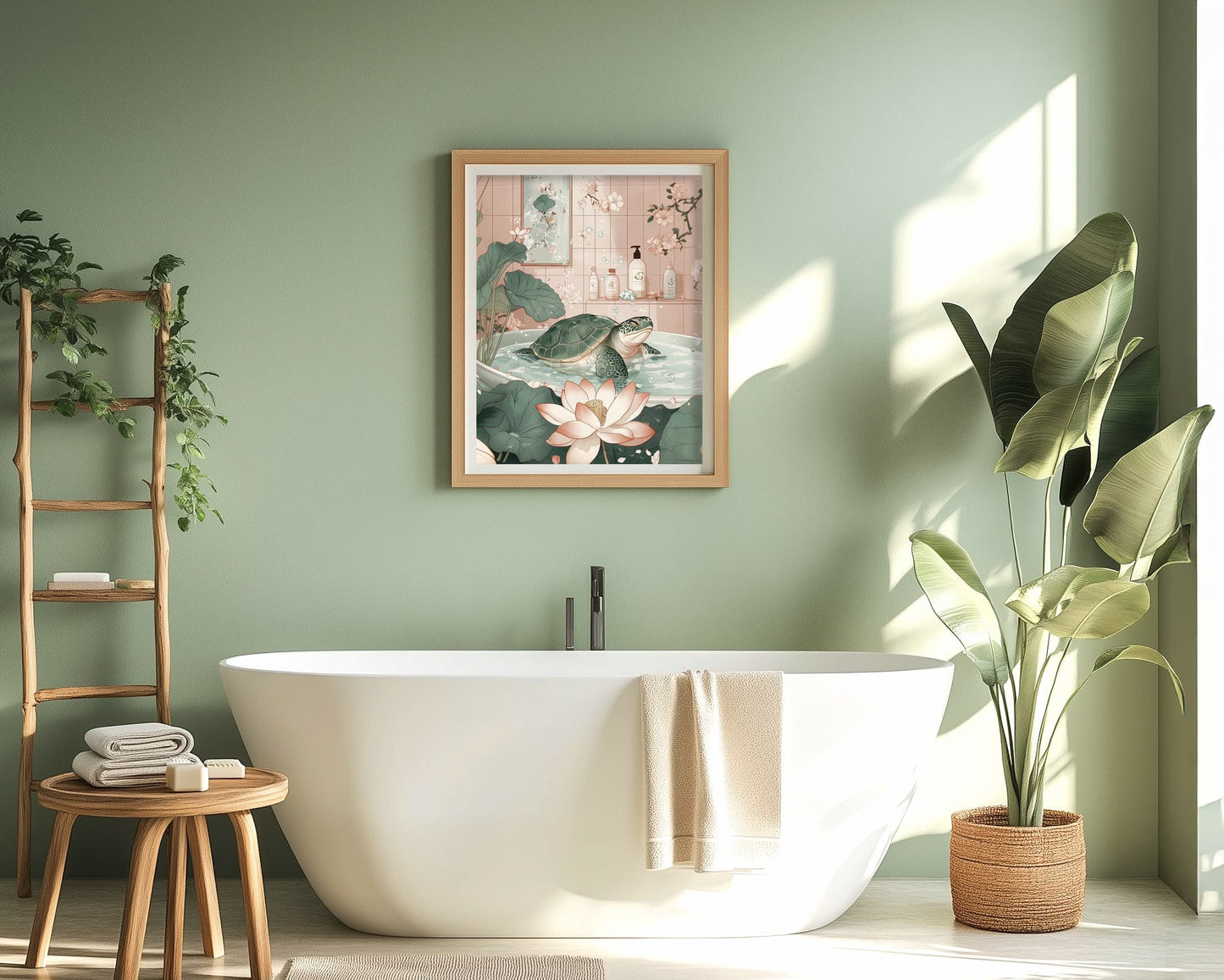 Japanese-style turtle in bath, minimalist wall art