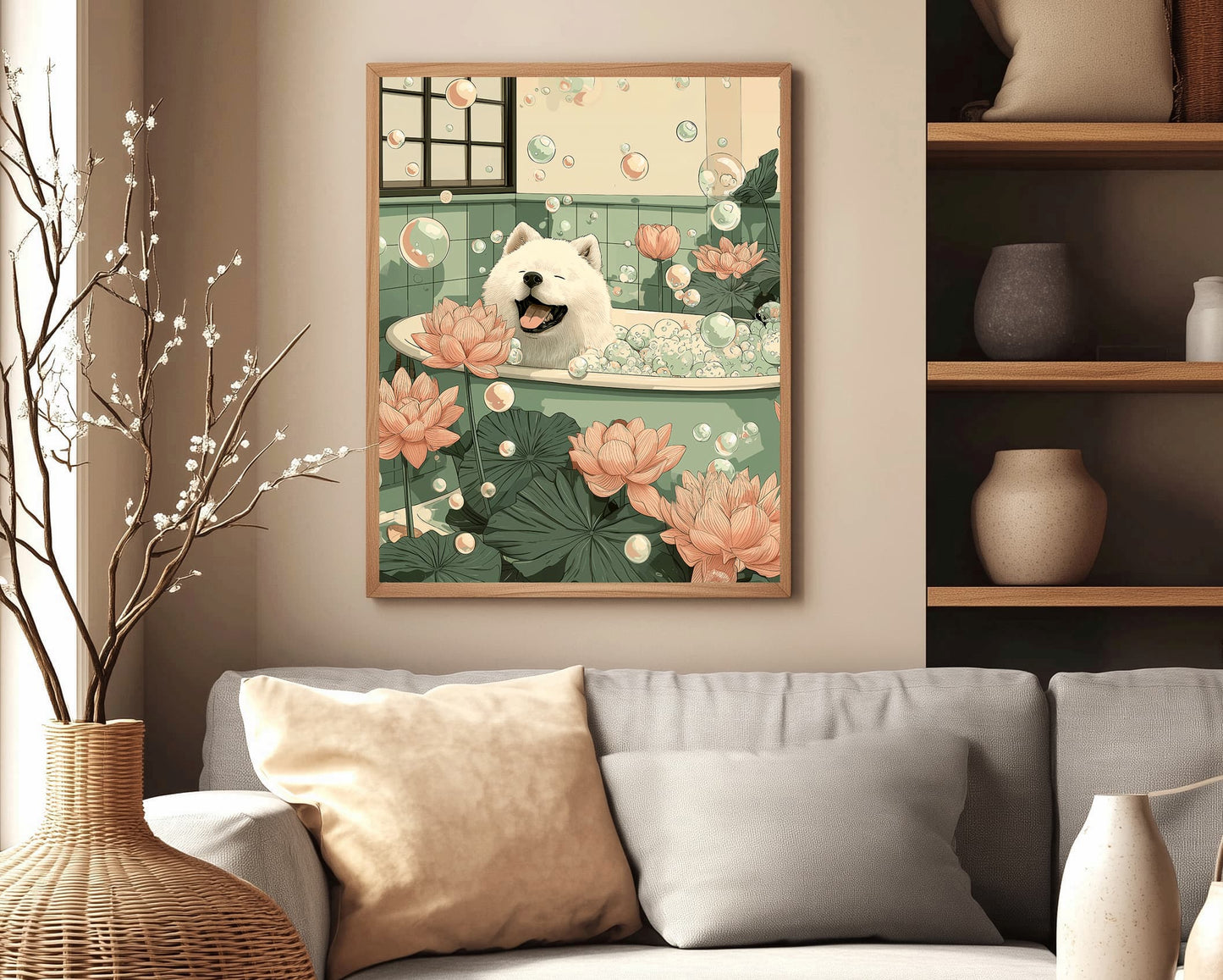 Sage green spa print featuring a happy Samoyed
