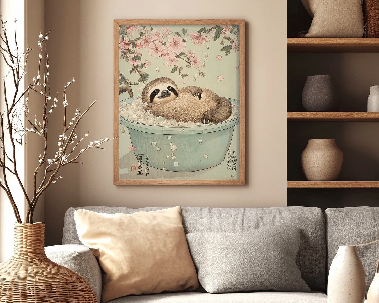 Sloth art print with cherry blossoms and bubble
