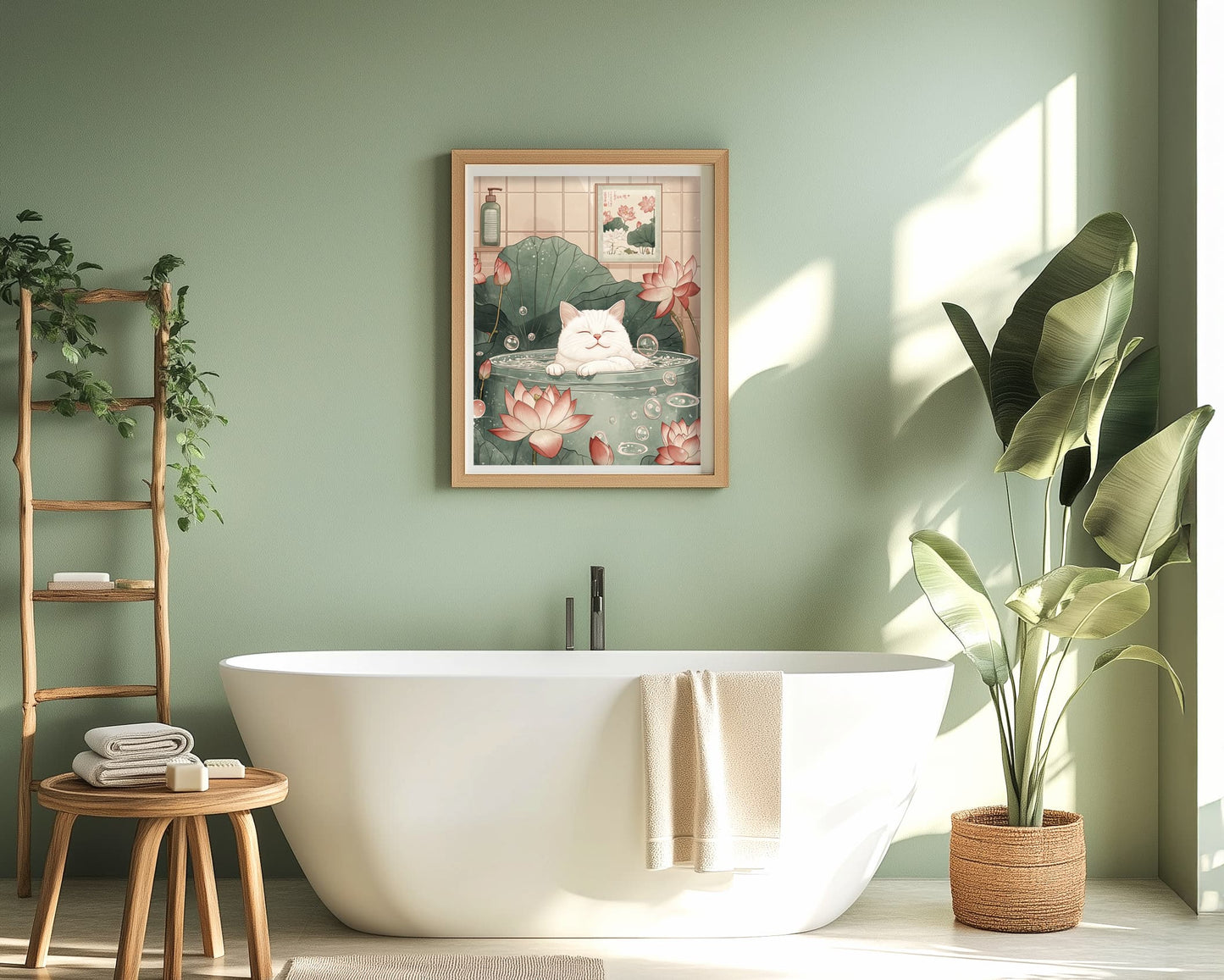 Japandi bathroom wall print featuring a white cat soaking in a tub
