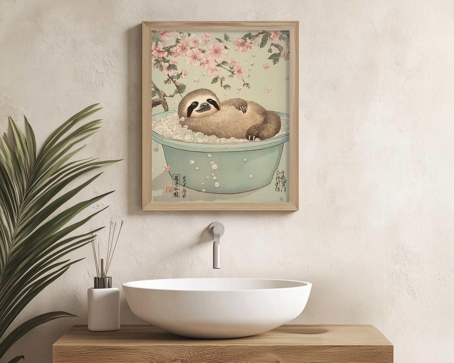 Cute sloth in tub, Japanese minimalist wall print