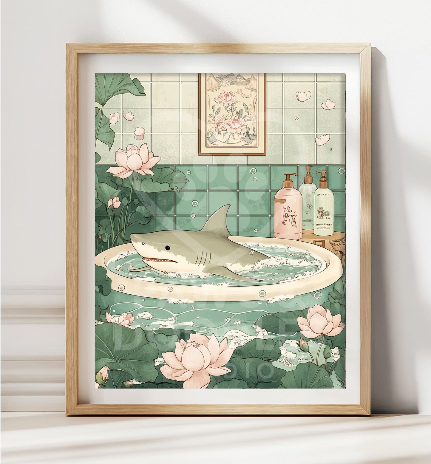 Shark in bathtub Japandi style poster