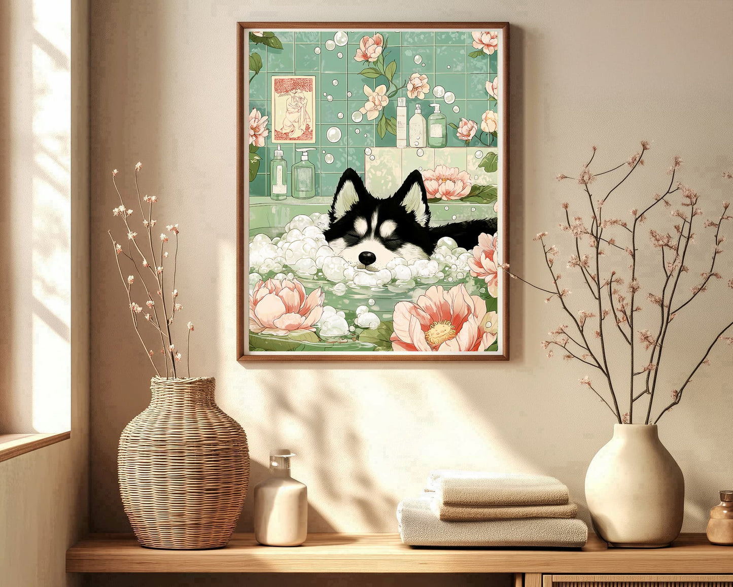 Relaxing husky dog wall print with lotus and bubbles
