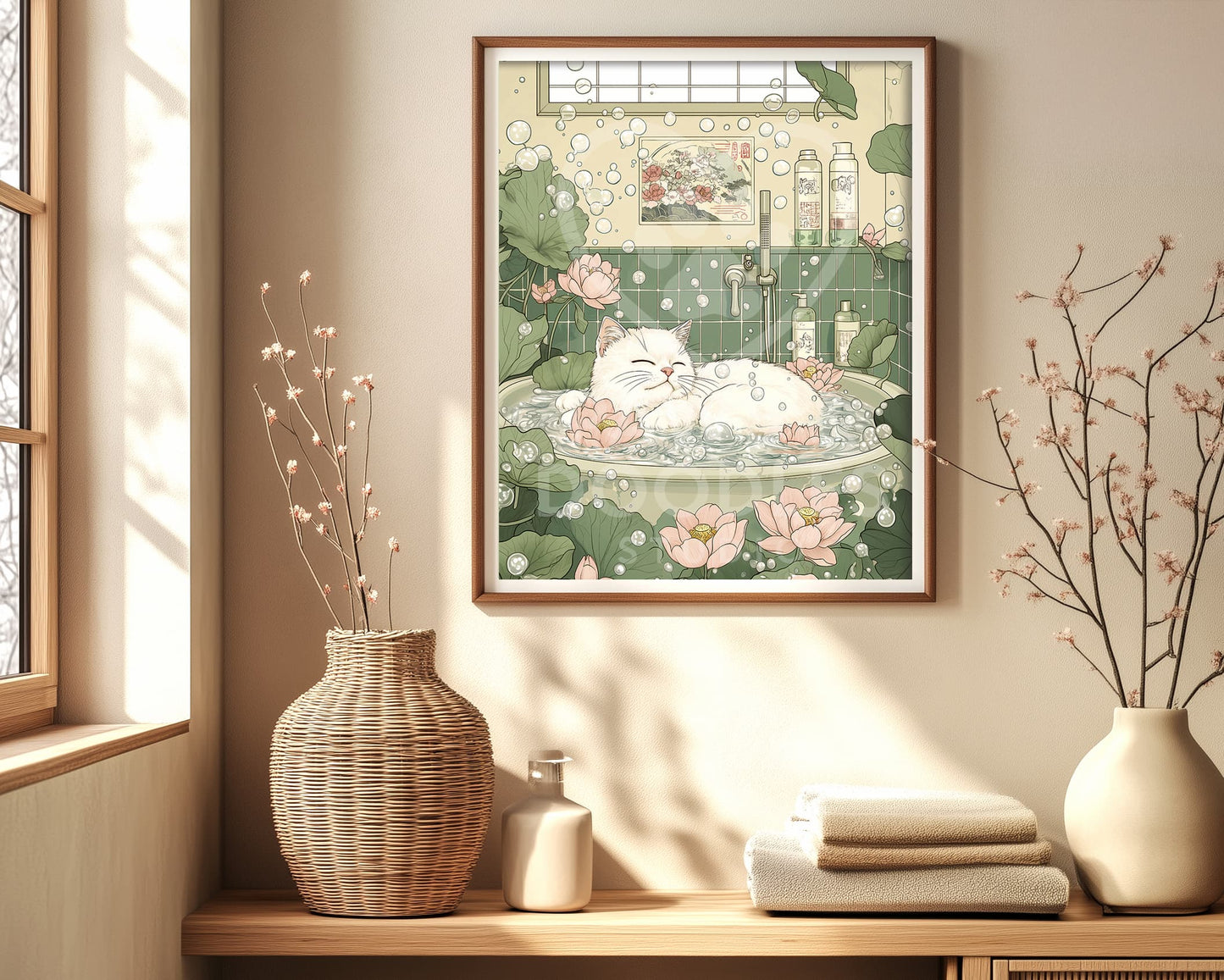 Japanese-style cat in bathtub print