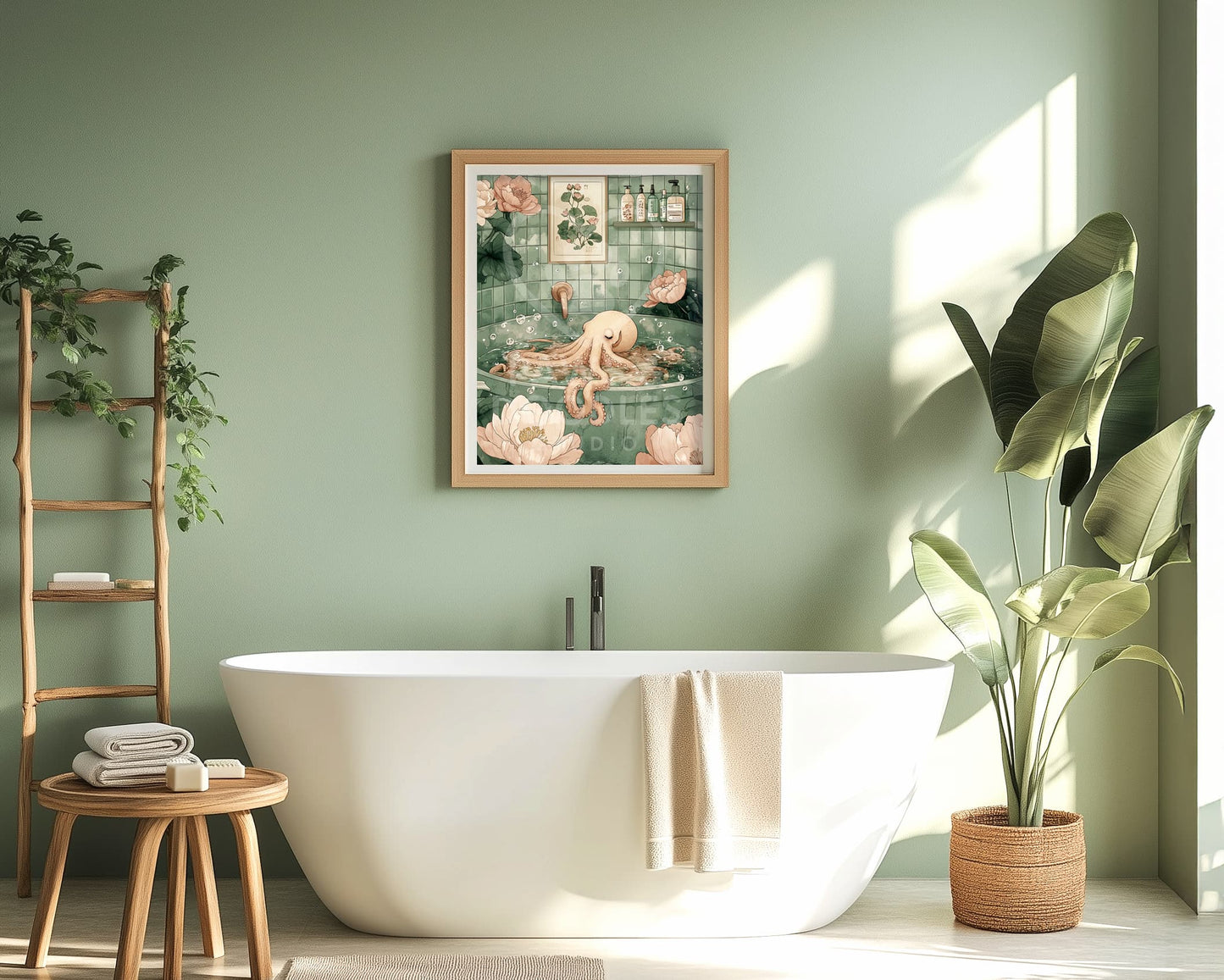 Quirky octopus wall print in sage green