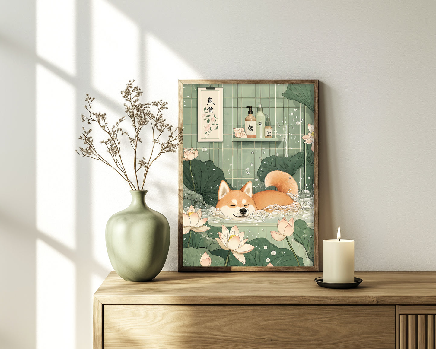 Dog lover gift featuring Japanese Shiba in bath