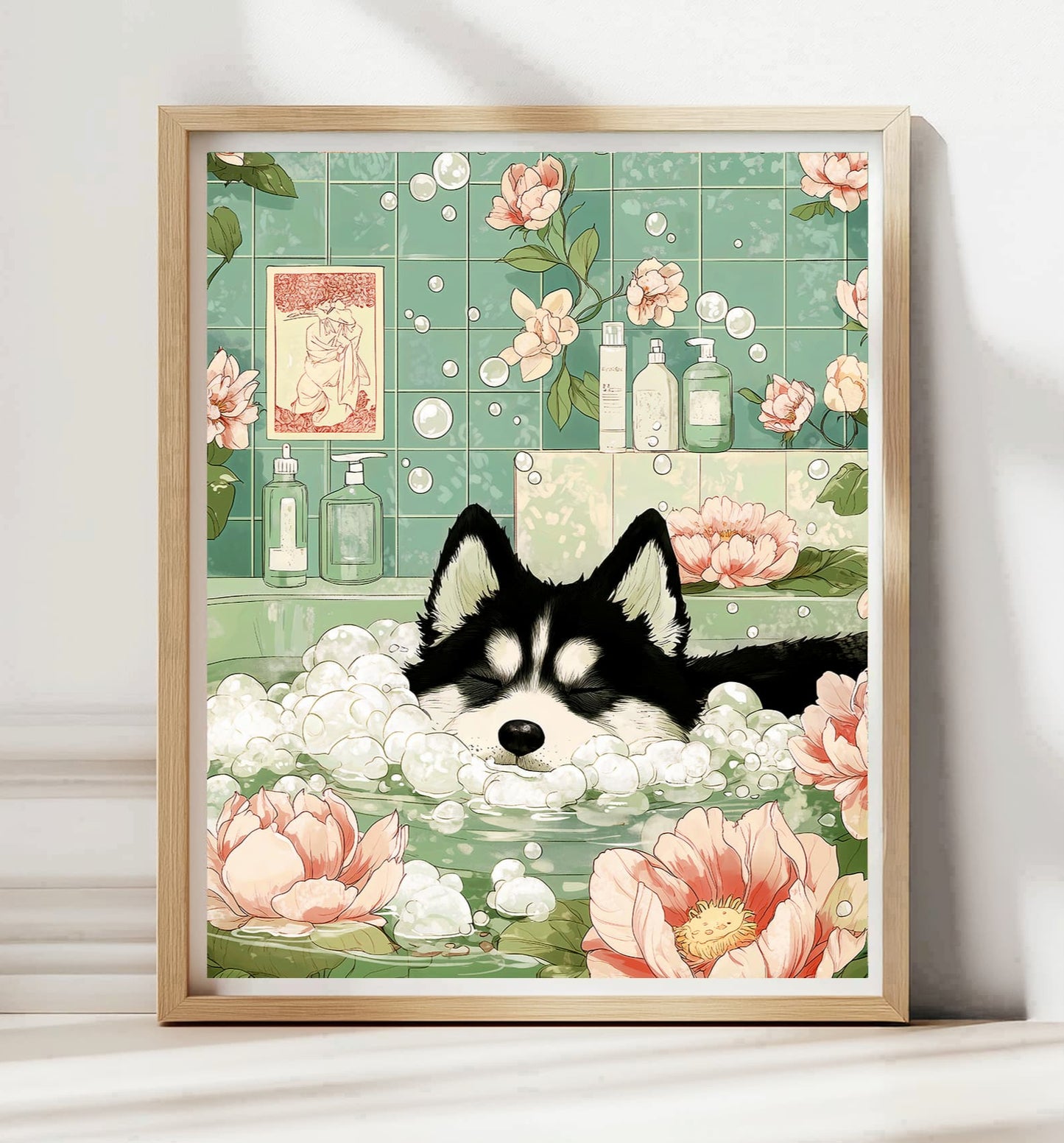 Siberian Husky in bathtub spa bathroom poster