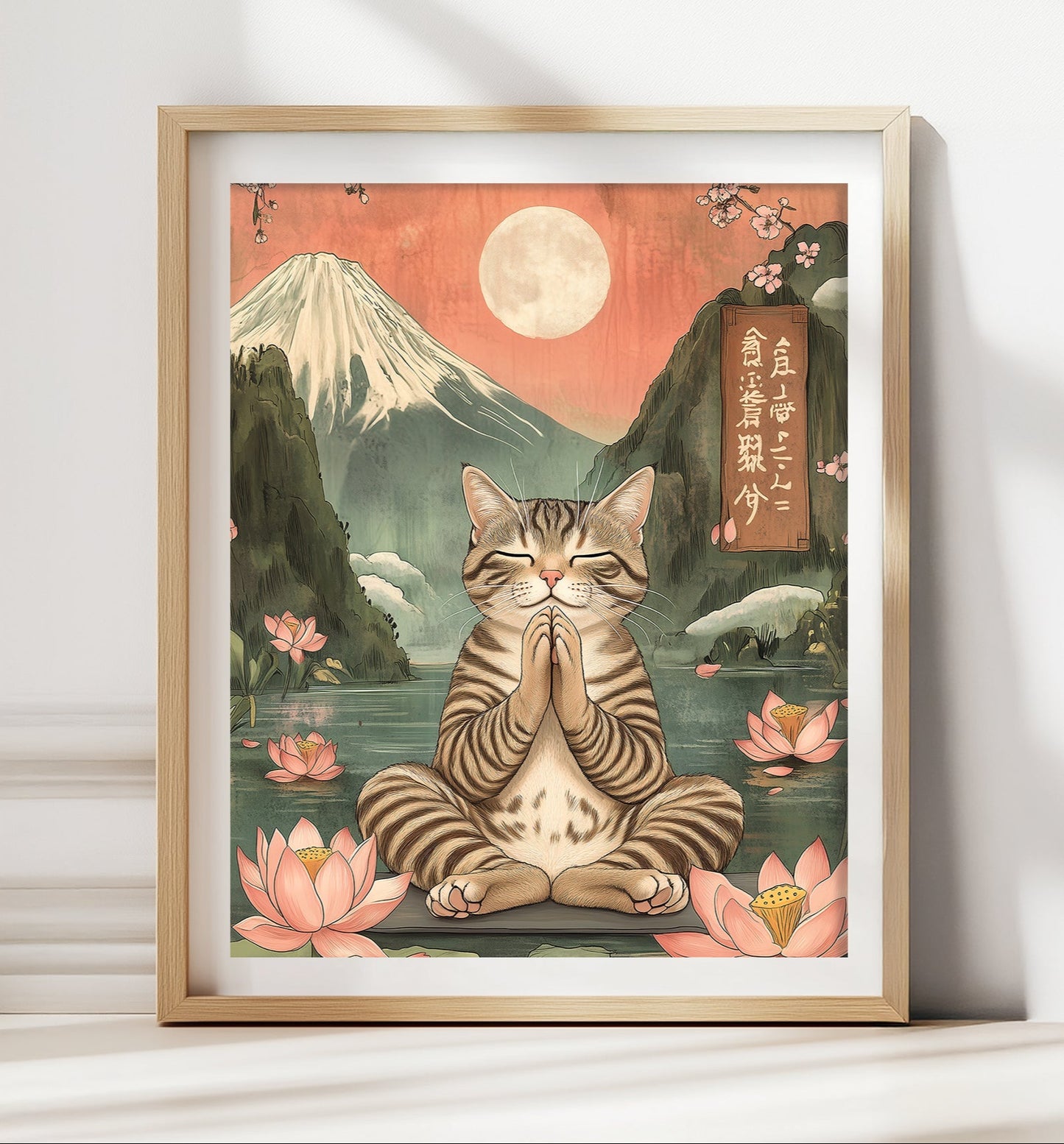 abby cat meditating by Mount Fuji in Japanese art print