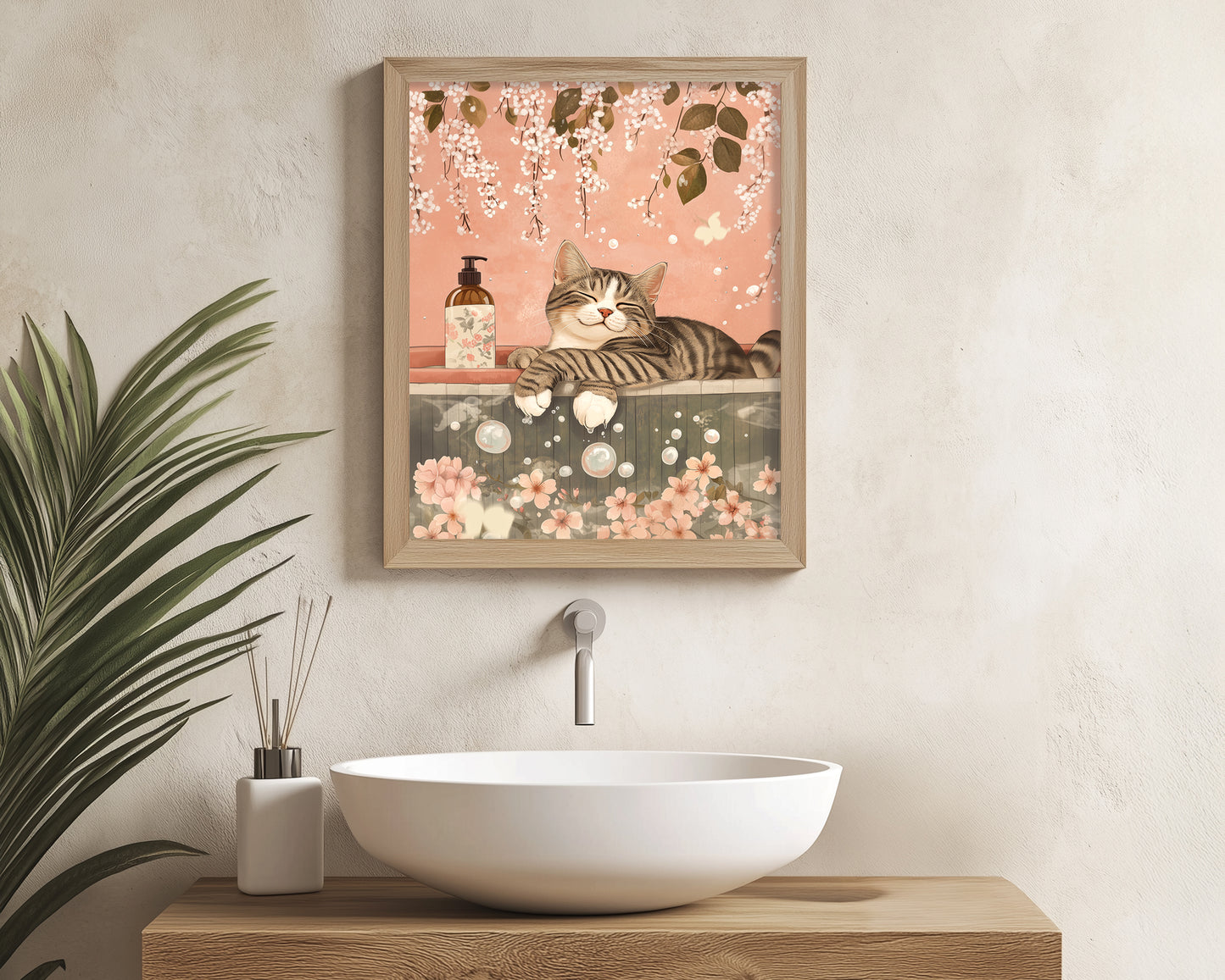 Tabby cat wall art with Japanese minimal design
