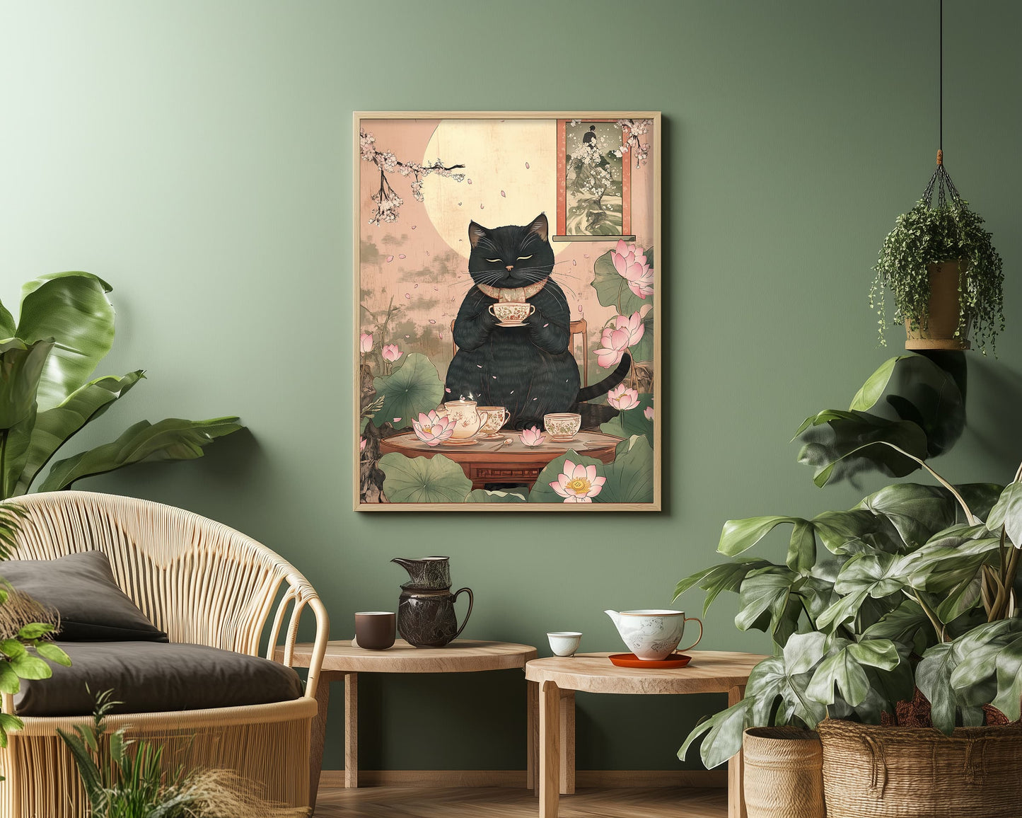 Japanese black cat poster tea time wall art