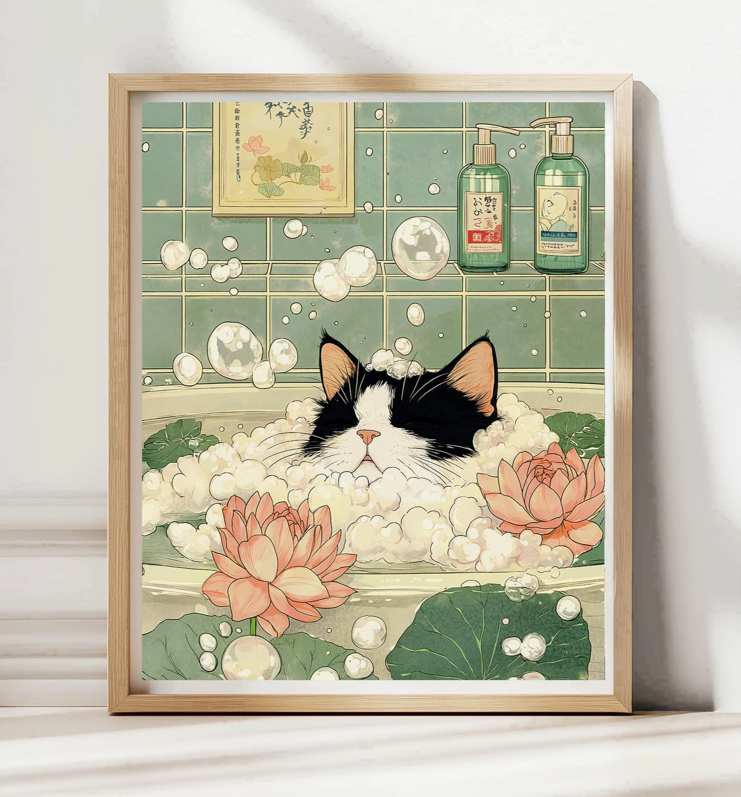 Tuxedo cat soaking in bathtub poster