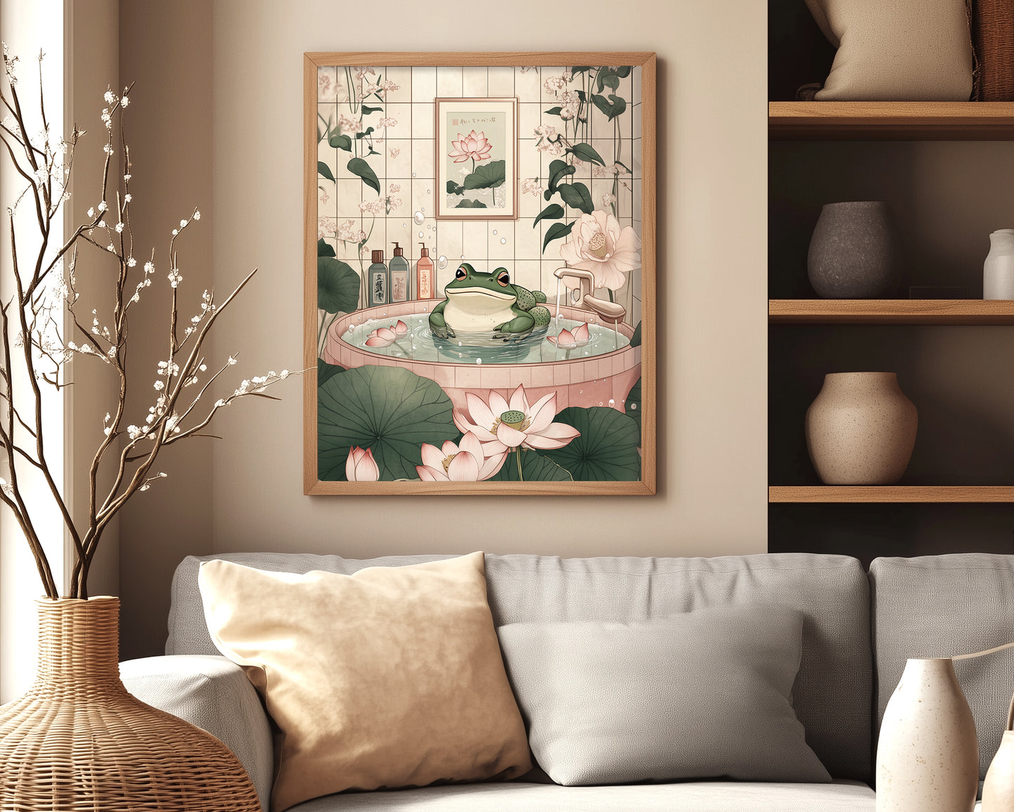 Minimalist neutral frog poster for bathroom wall