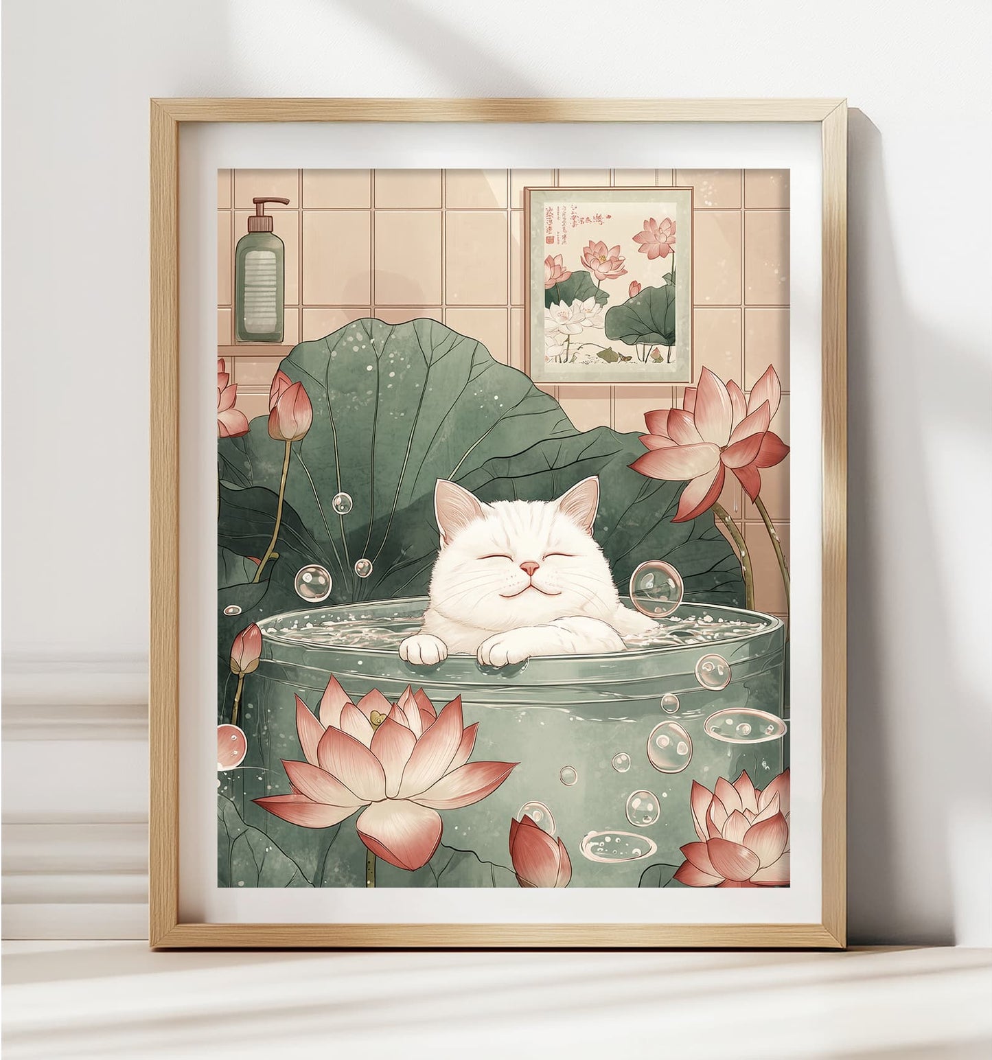 Cute white cat sitting in a bathtub in Japanese minimalist art style
