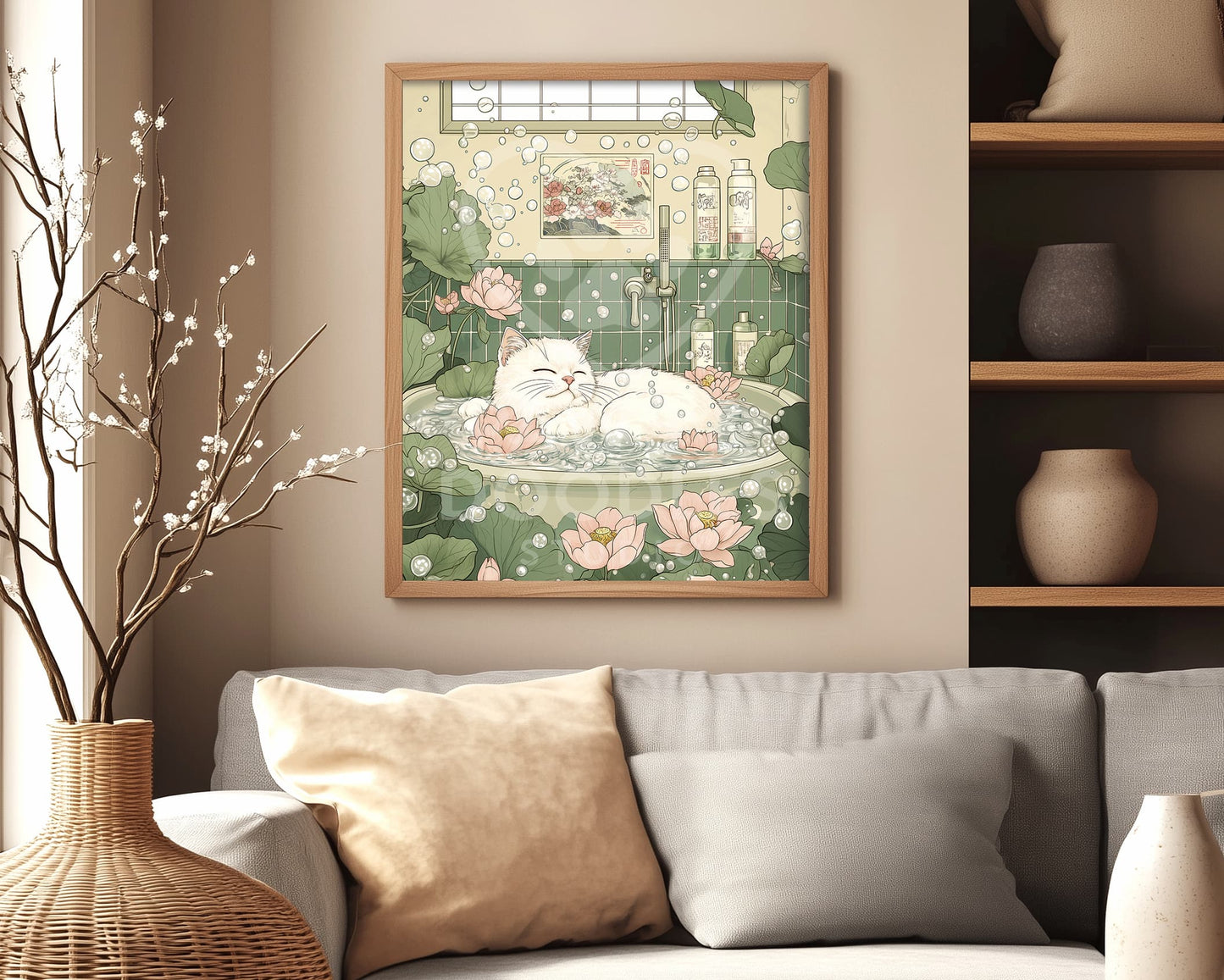 Ukiyo-e style white cat wall art