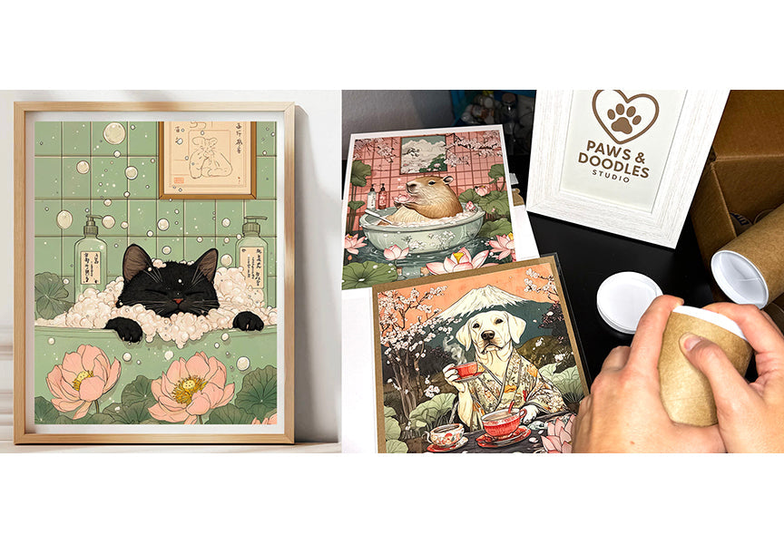 Japandi animal print – black cat in bathtub wall art