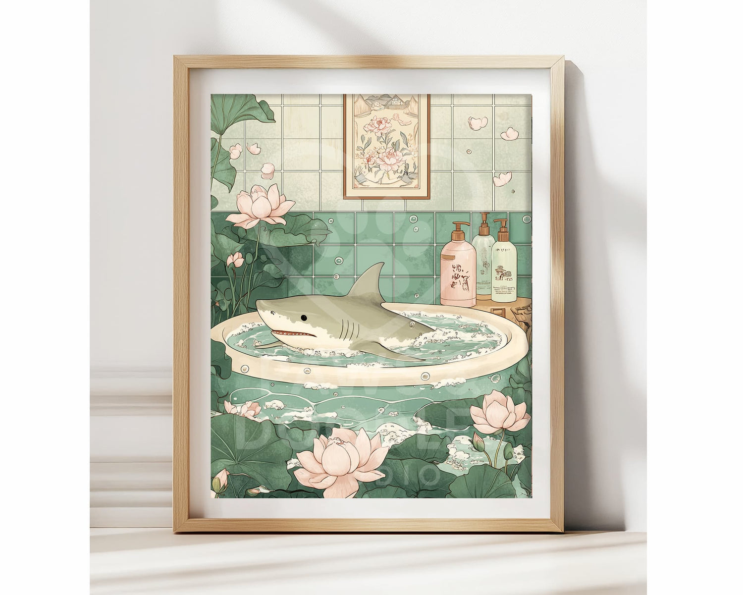 shark in bathtub poster funny Japanese wall art
