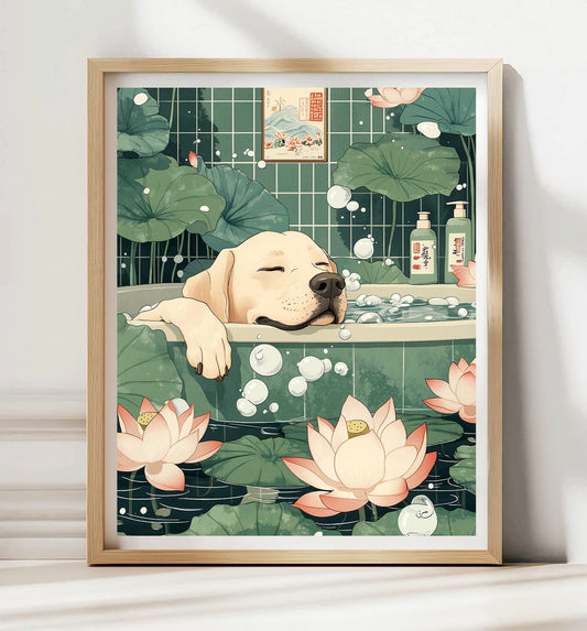 Beige Labrador in bathtub wall art