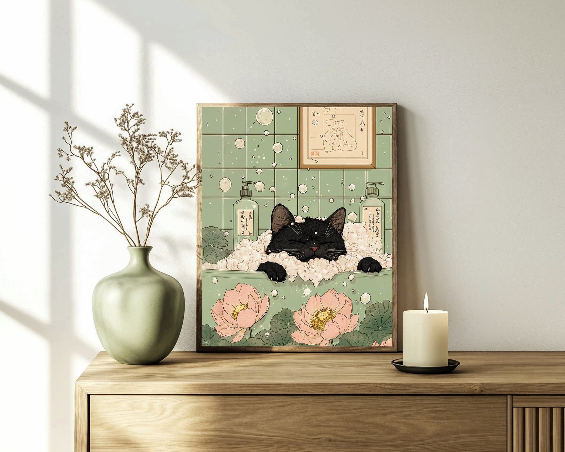 Funny Japandi cat art with soft pink and green bathroom decor
