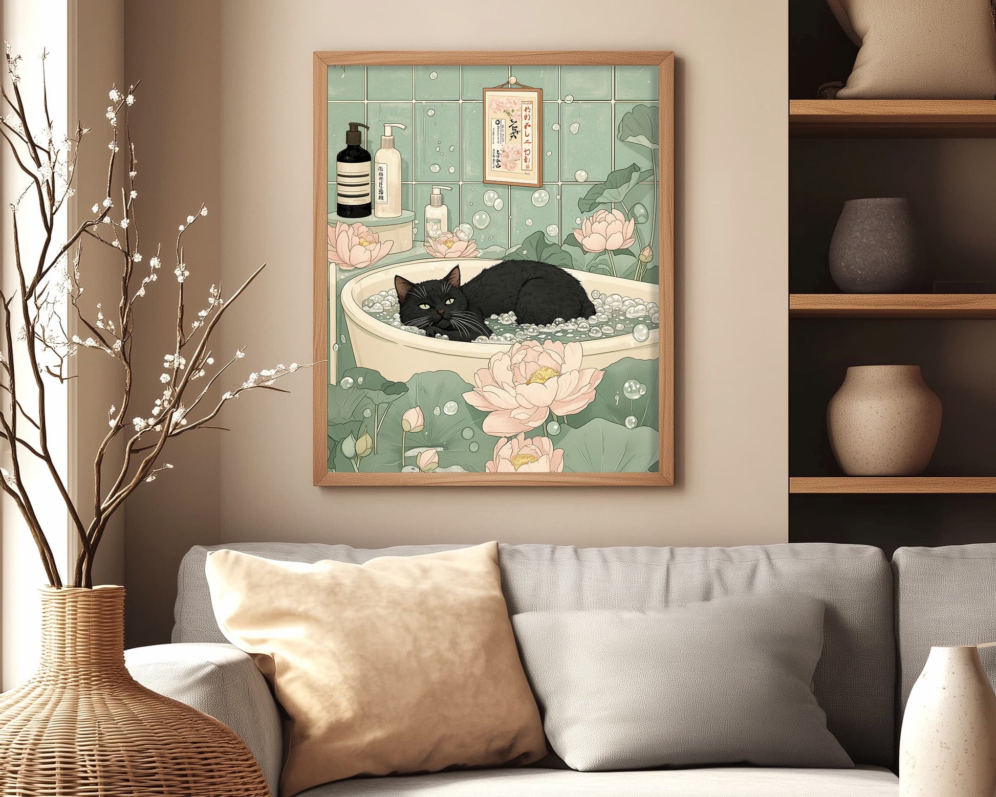 Funny Japandi cat bathroom print