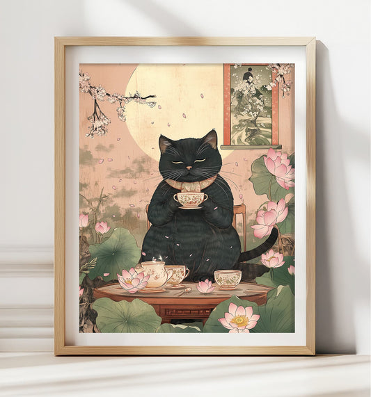 black cat drinking tea japanese print for cat lovers