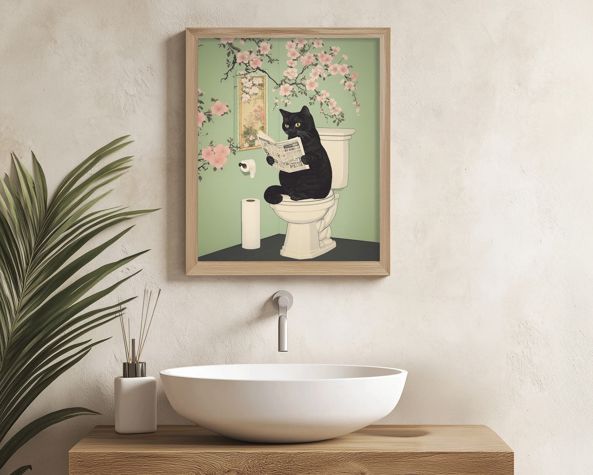 Japanese Black Cat on Toilet – Funny Japandi Bathroom Wall Art Print ...
