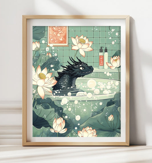 Black Japanese dragon soaking in a minimalist bathtub