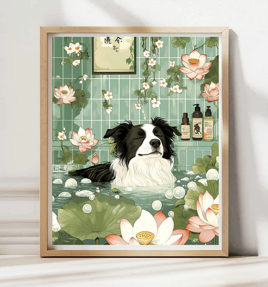 Border Collie in bathtub wall art