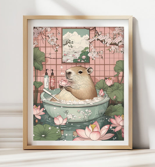 Capybara spa art print in Japanese aesthetic style