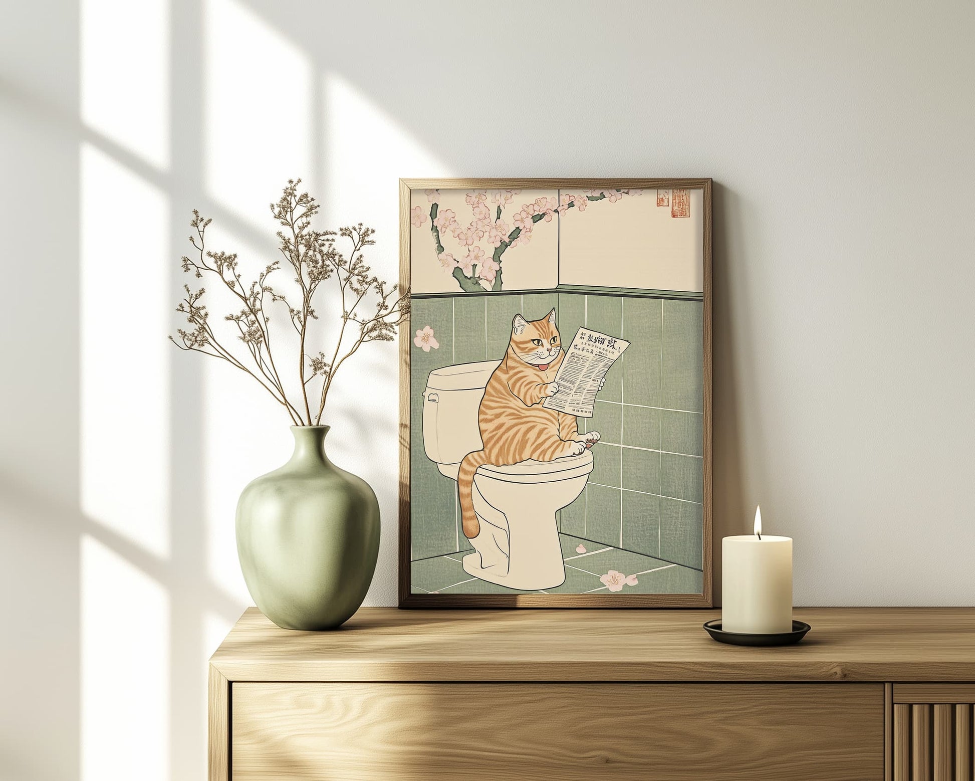 Quirky orange tabby cat bathroom decor print