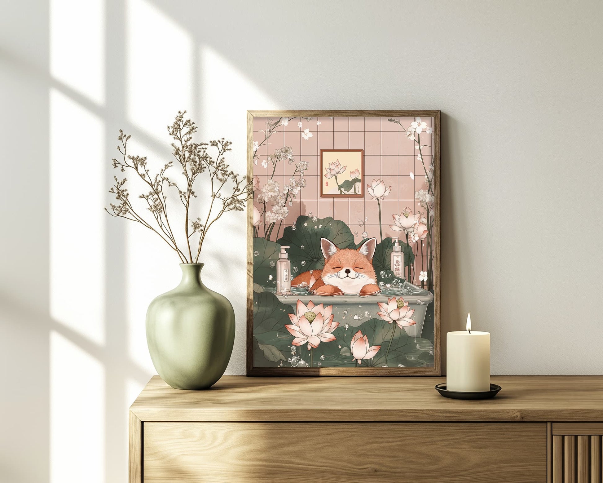 Funny animal print of fox in Japanese-style bath