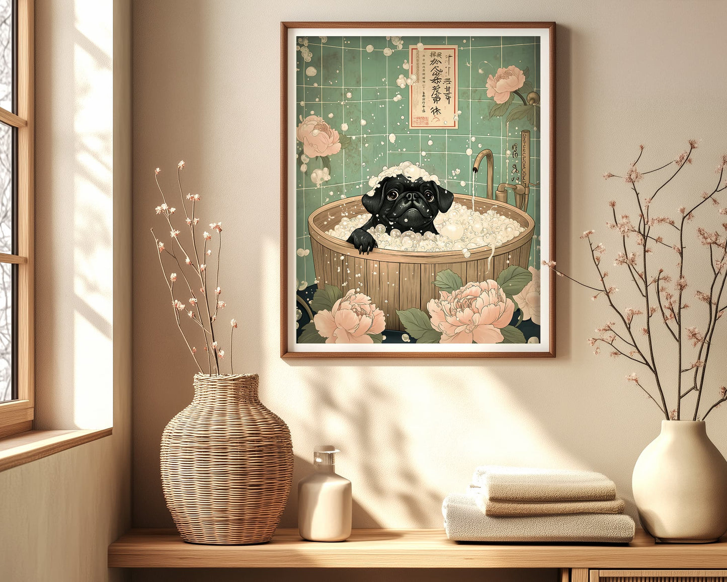 Neutral bathroom dog poster