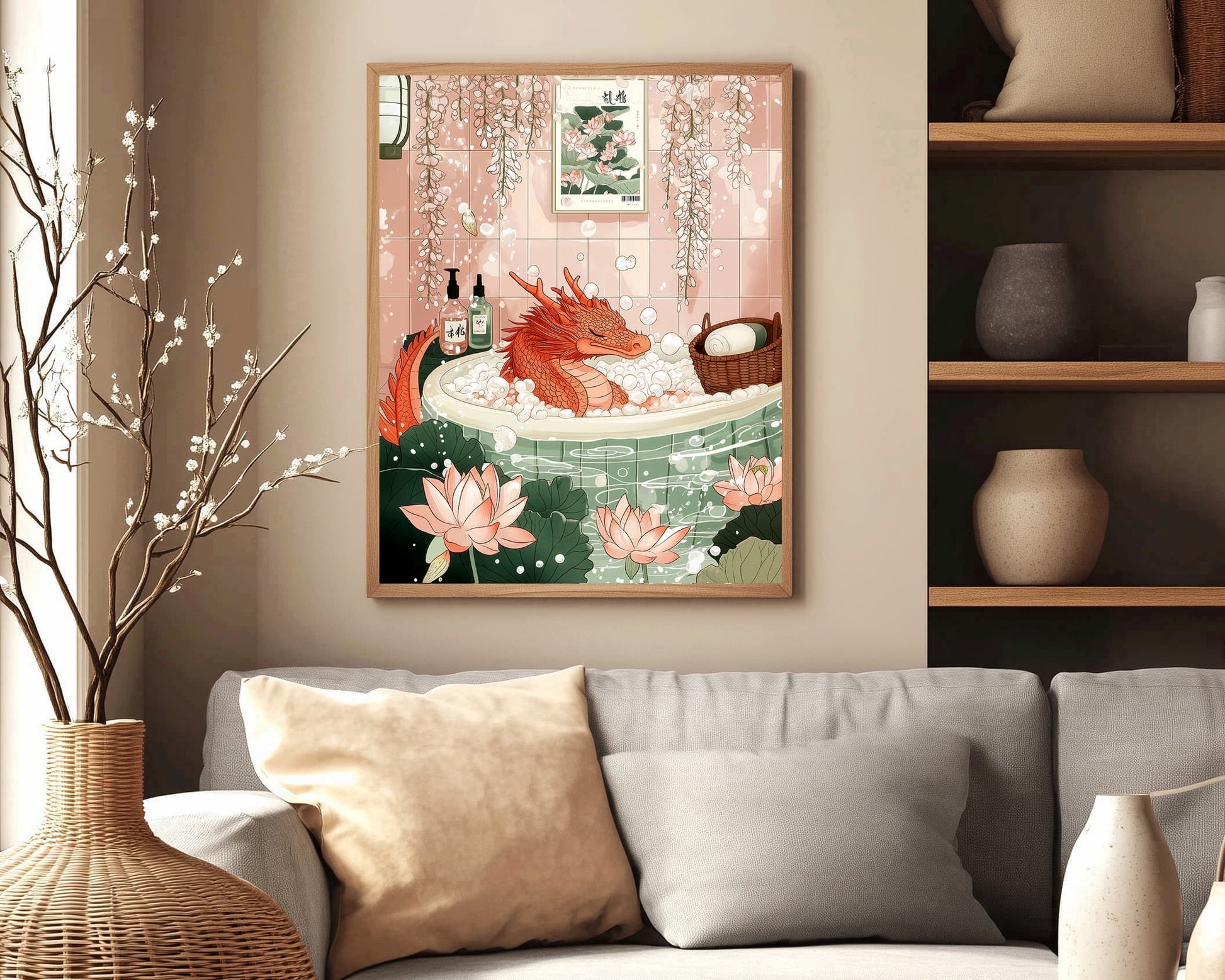 Mythical creature bathtub artwork Zen and Ukiyo-e inspired