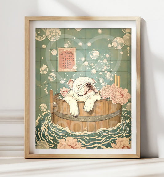 English Bulldog in bathtub wall art