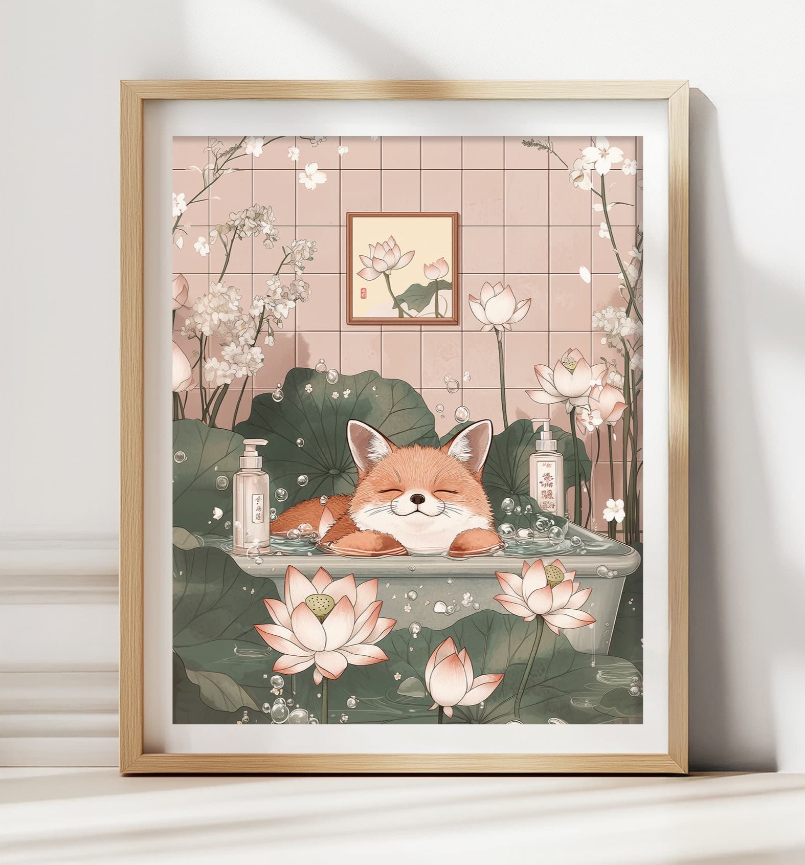 Quirky fox soaking in a bathtub – Japandi animal wall art
