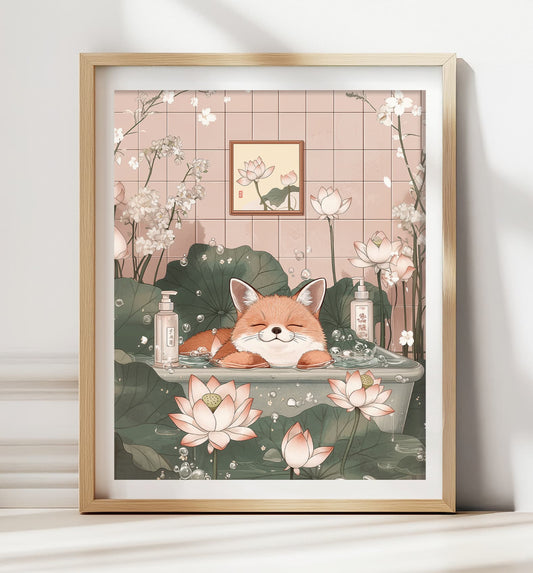Quirky fox soaking in a bathtub – Japandi animal wall art