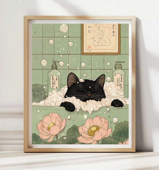 Black cat relaxing in bathtub sage green decor boho bathroom art