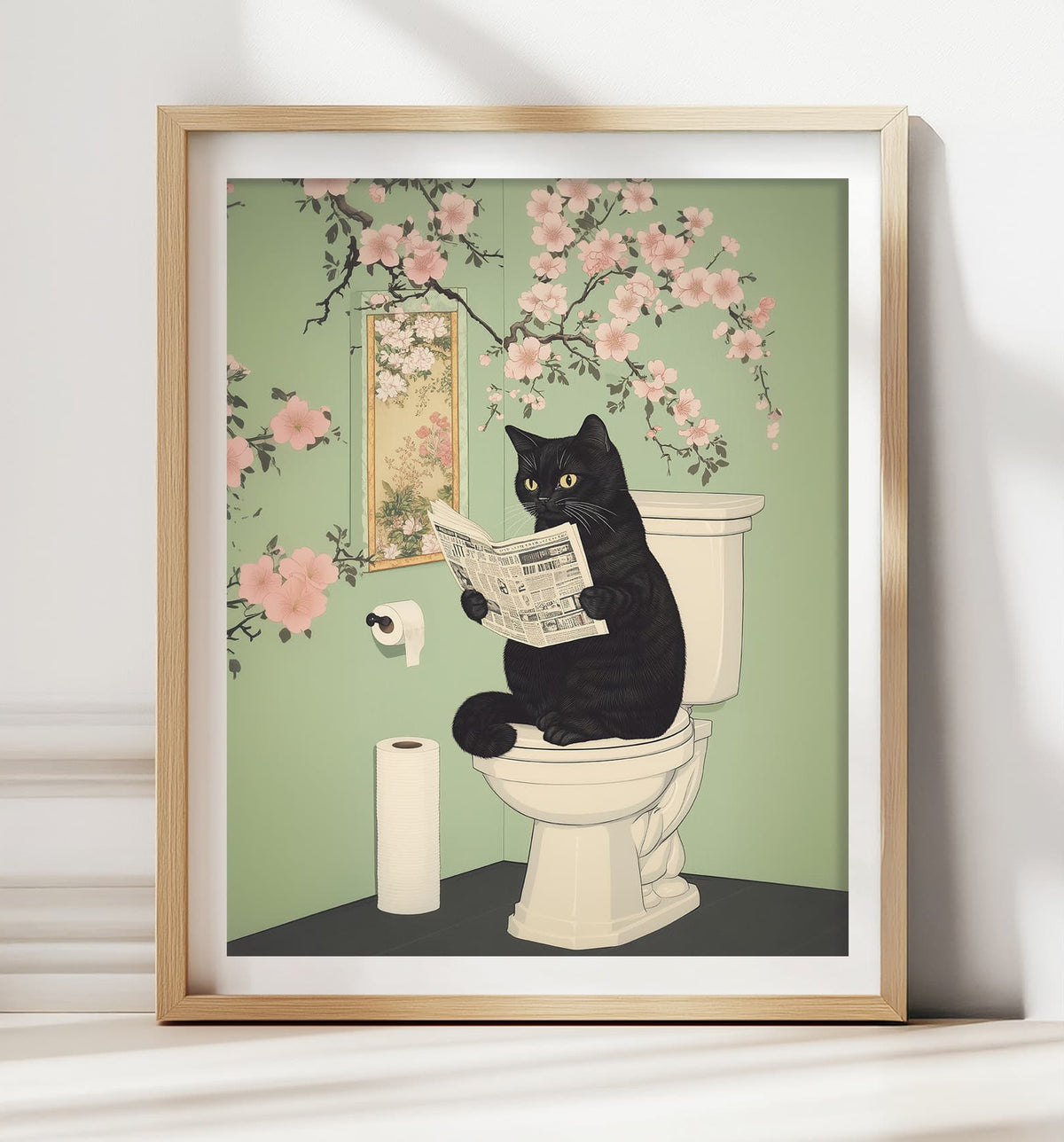 Japanese Black Cat on Toilet – Funny Japandi Bathroom Wall Art Print ...
