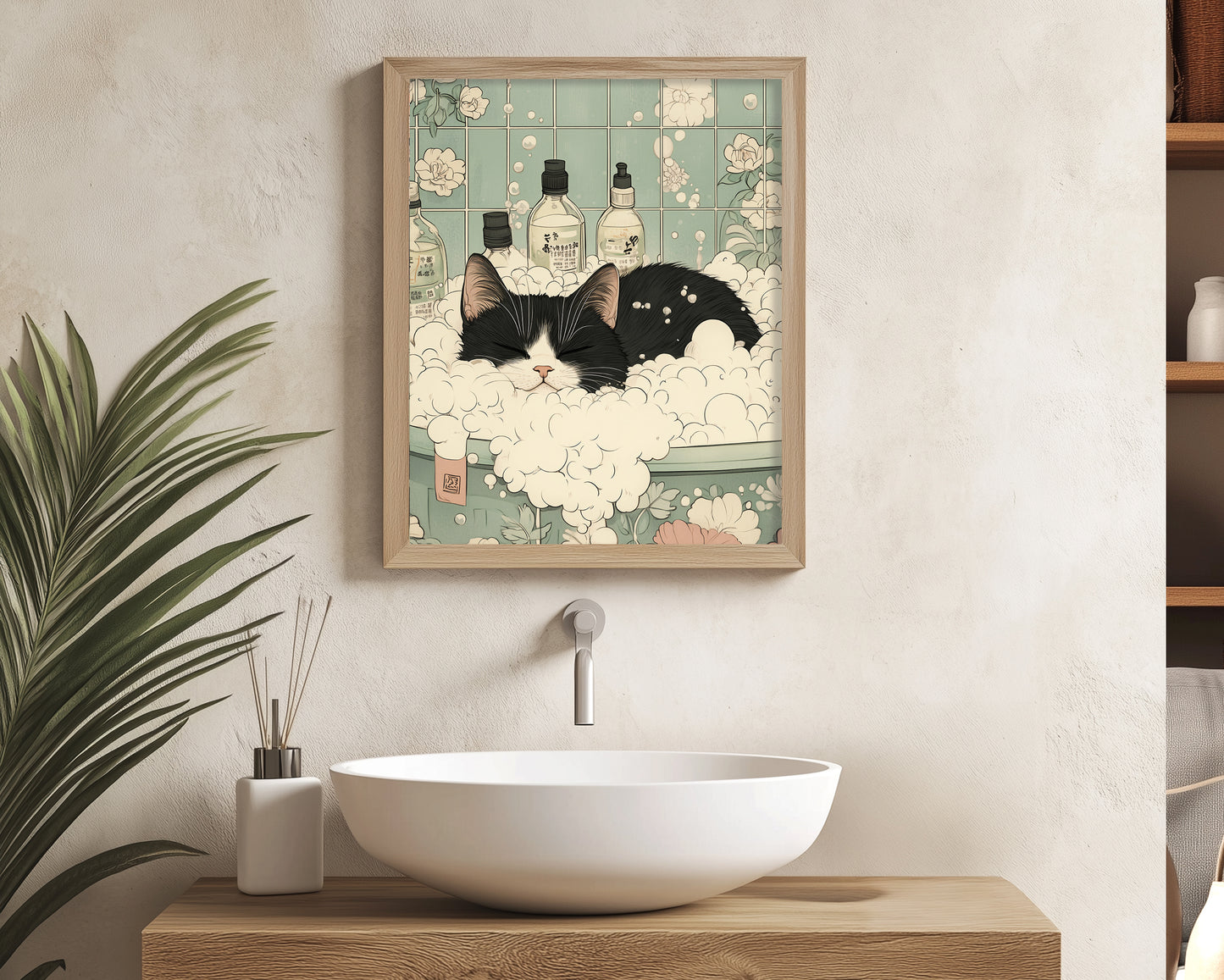 Black and white cat soaking in bathtub artwork