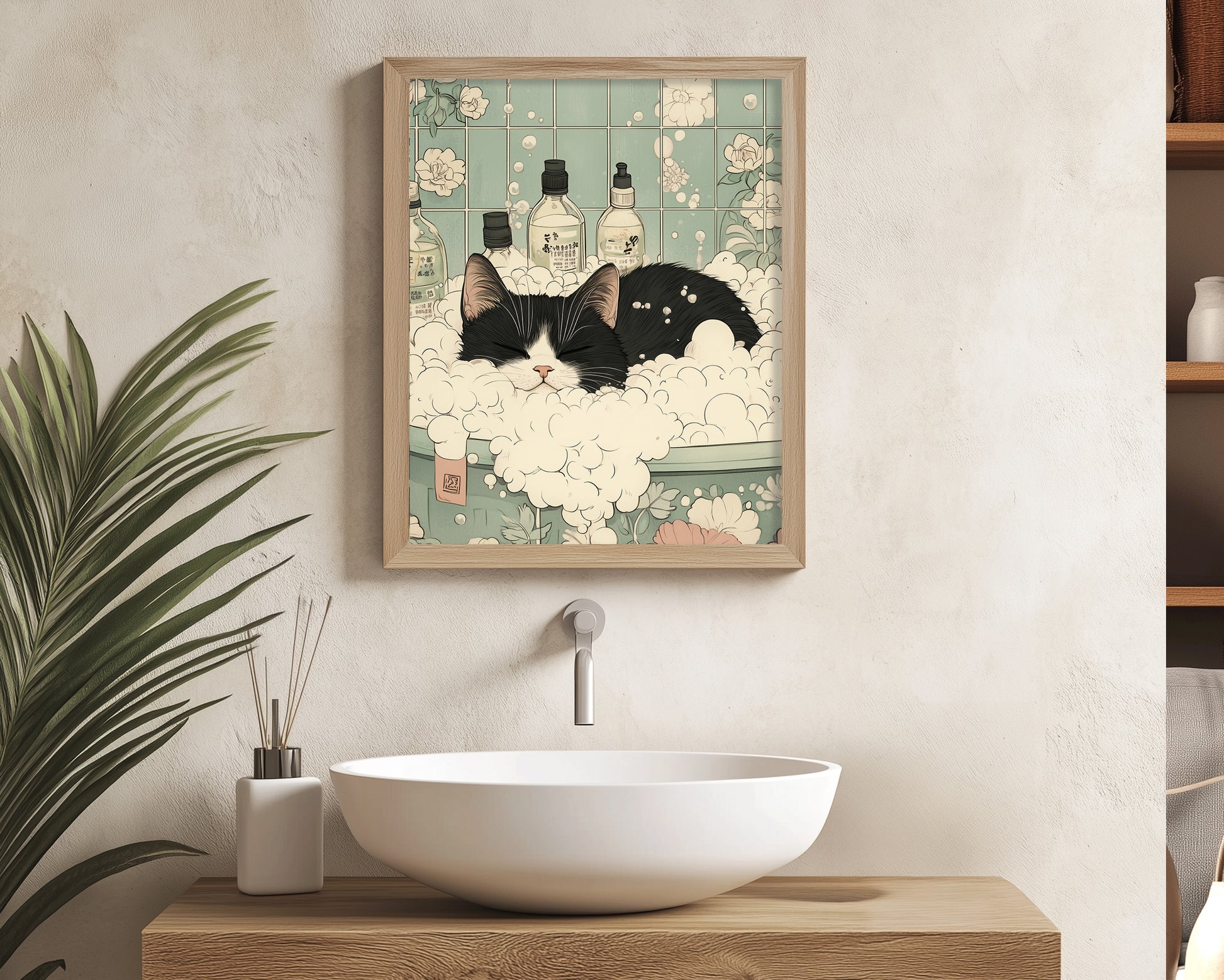 Black and white cat soaking in bathtub artwork