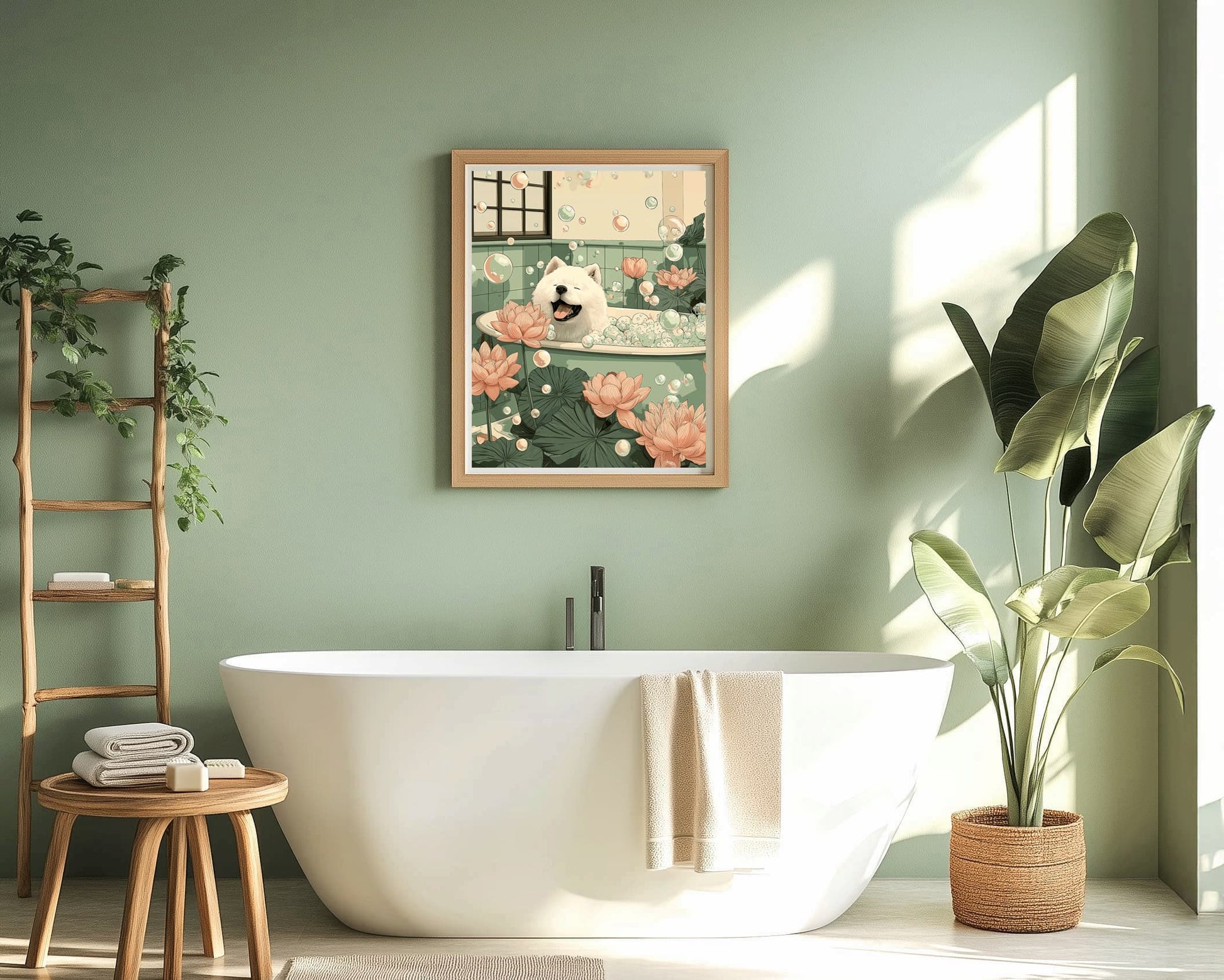 Minimalist Samoyed poster with lotus flowers