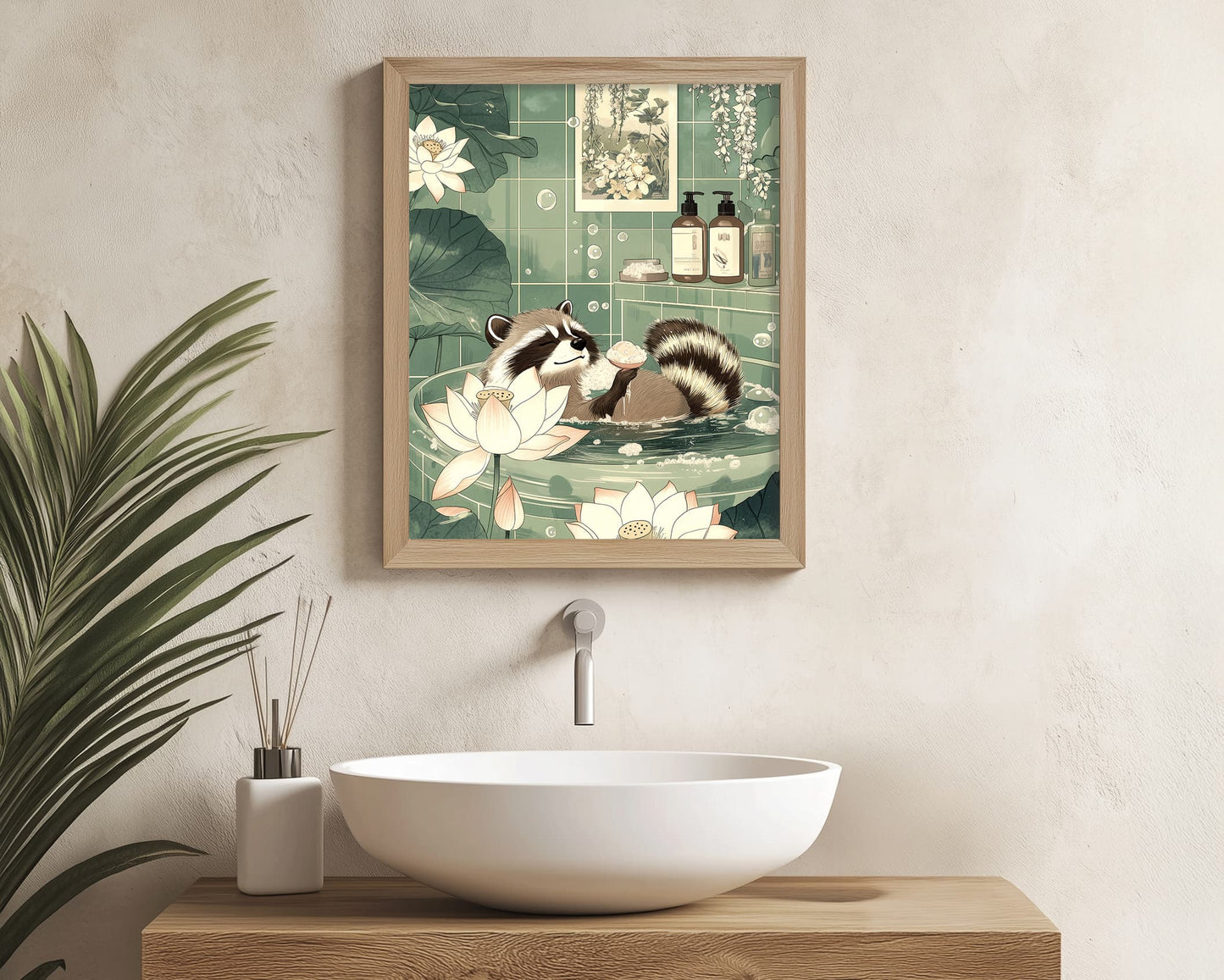 Japandi raccoon bathroom poster print