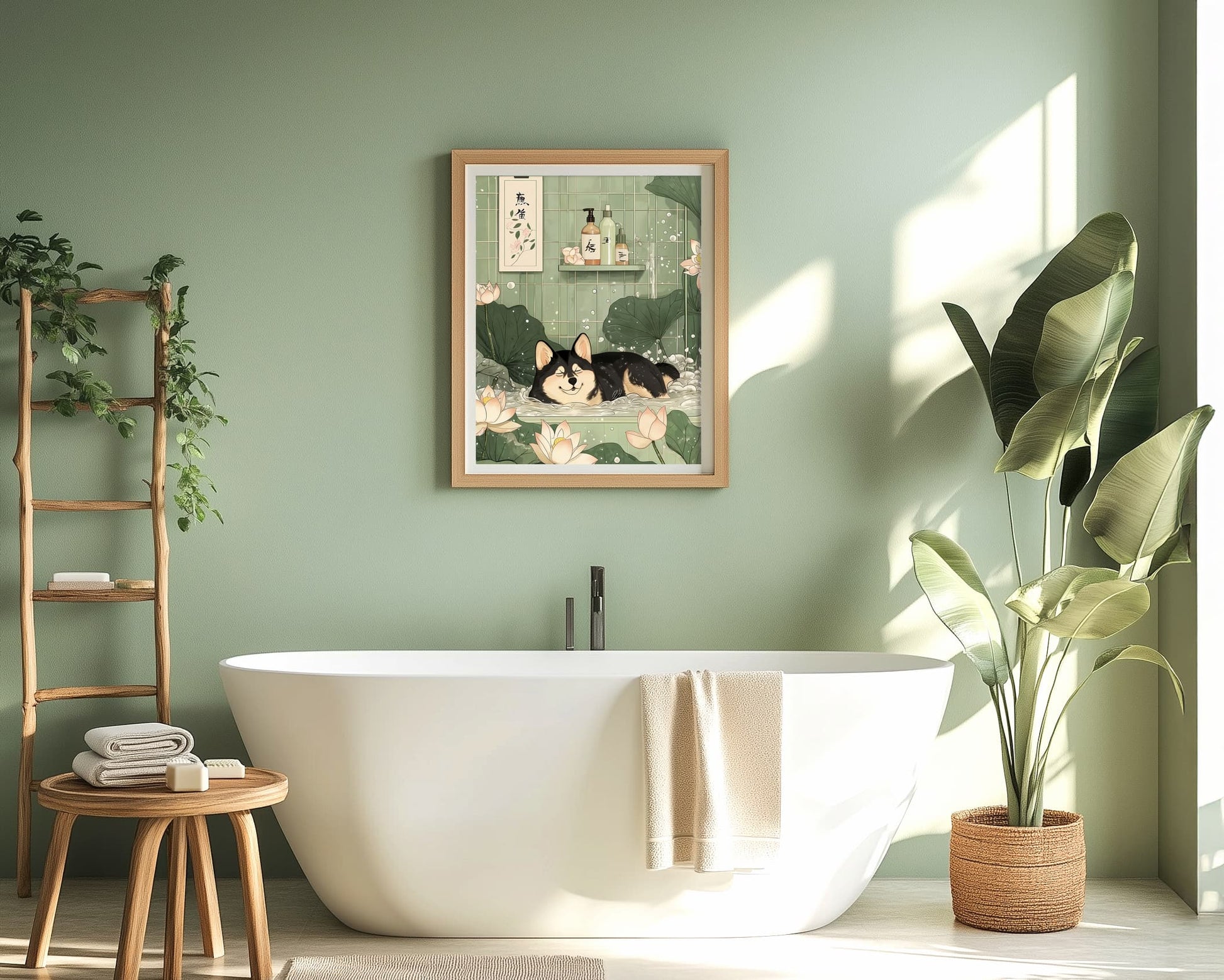 spa bathroom japandi dog poster