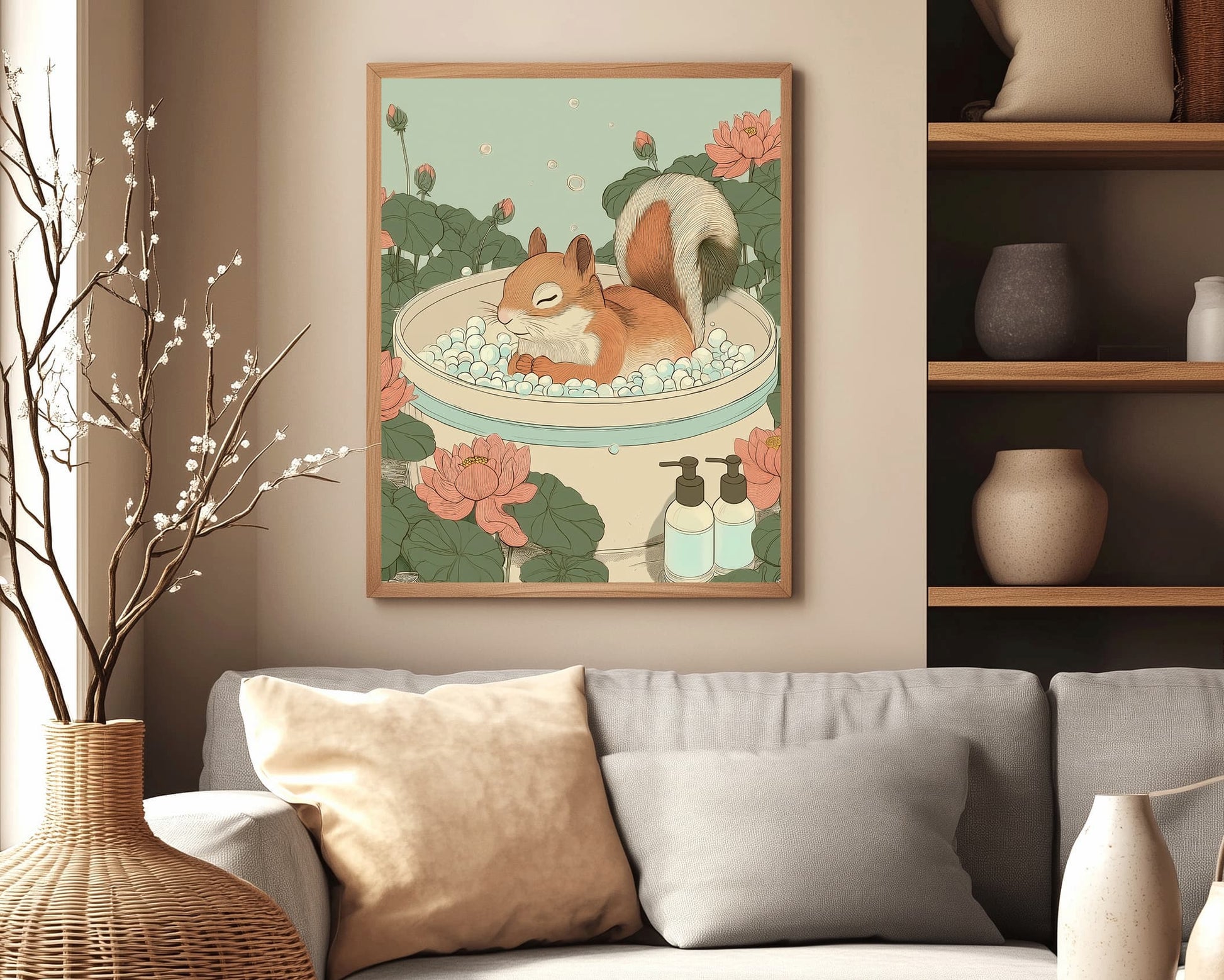 Funny Japandi squirrel bathroom decor