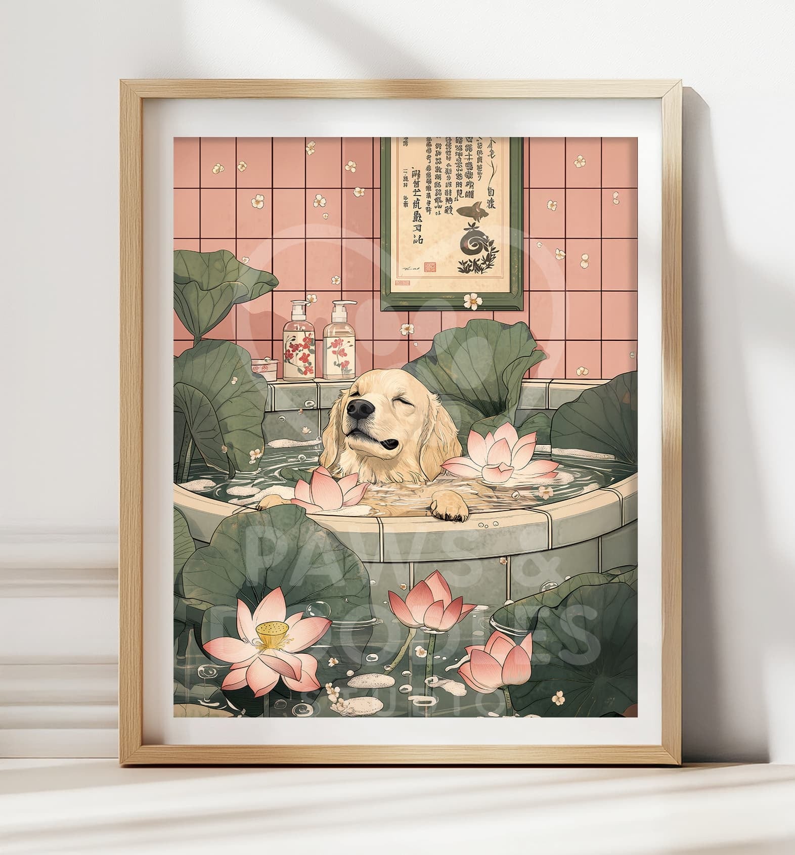 Golden retriever relaxing in Japanese bathtub