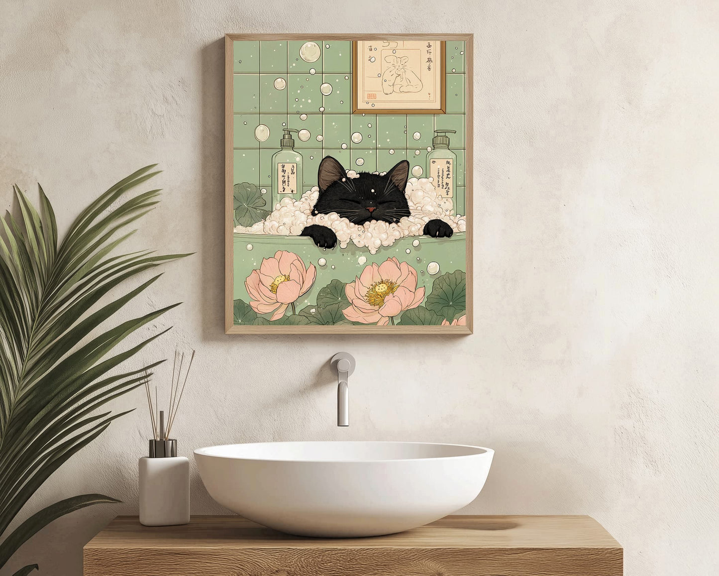 Minimalist Japanese art with cat in tub and calming tones