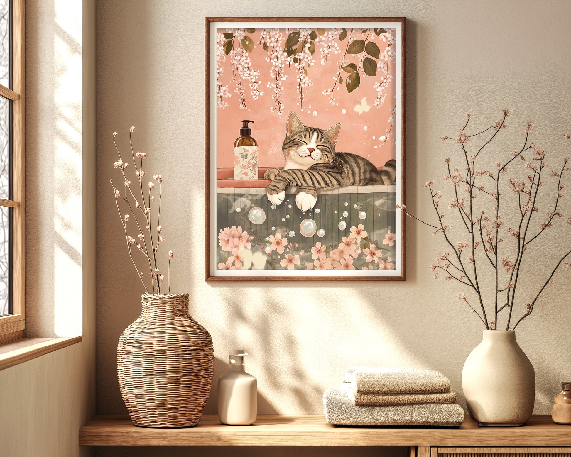 Japanese-inspired cat artwork with tabby in bath