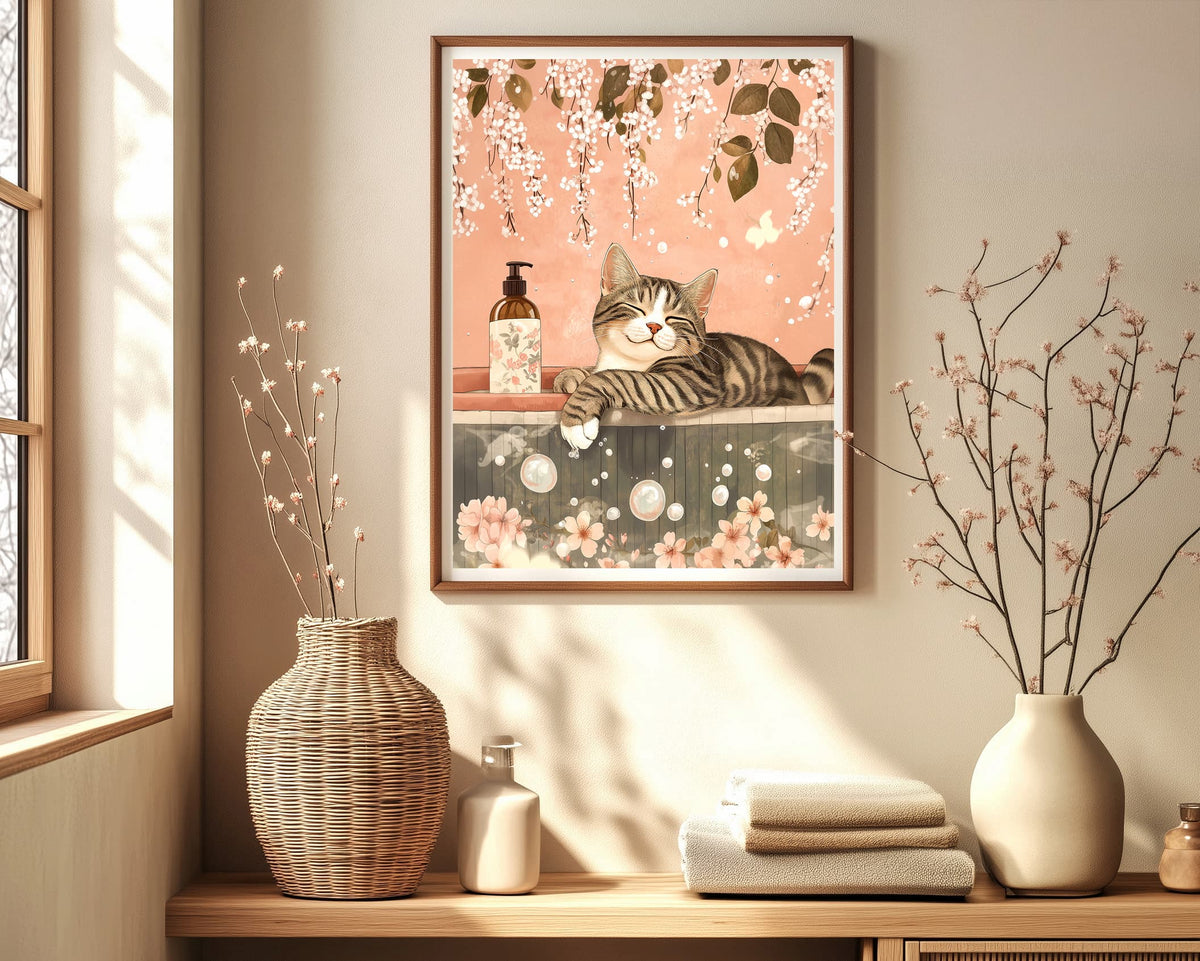 Tabby Cat in Bathtub Japandi Japan Art Ukiyo-e Print Bathroom Decor ...